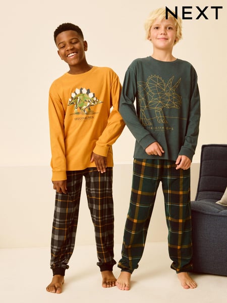 Ochre Yellow Dino Check Cosy Fleece Pyjamas 2 Pack (3-14yrs) (B71593) | € 25 - € 35