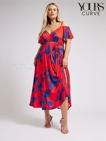 Yours Curve Red & Blue London Floral Bardot Maxi Dress (B71765) | € 83