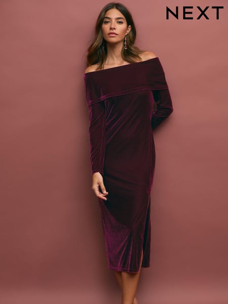 Burgundy Red Bardot Velvet Midi Dress (B72256) | € 17