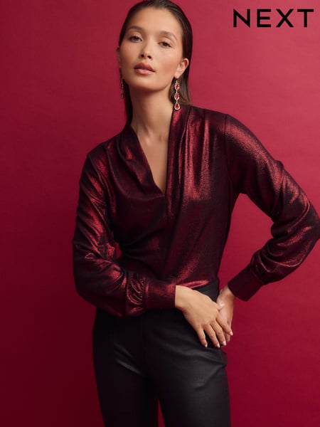 Red Long Sleeve Shimmer V-Neck Blouse (B72480) | € 27
