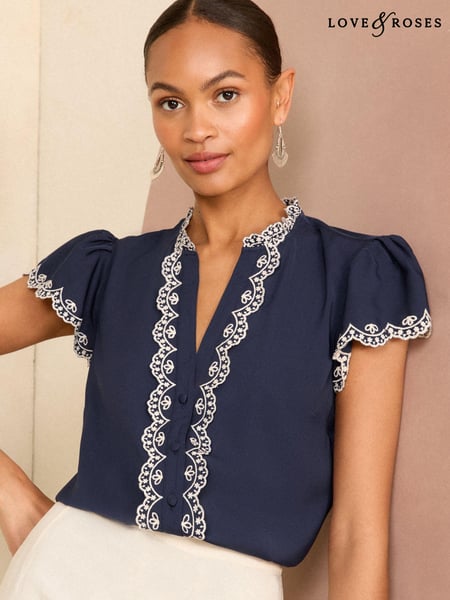 Love & Roses Navy Blue Satin Ruffle Trim V Neck Flutter Sleeve Blouse (B72696) | € 28