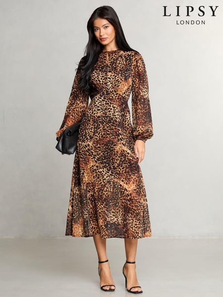 Lipsy Animal Petite Printed Woven Long Sleeve Underbust Midi Dress (B73311) | € 40
