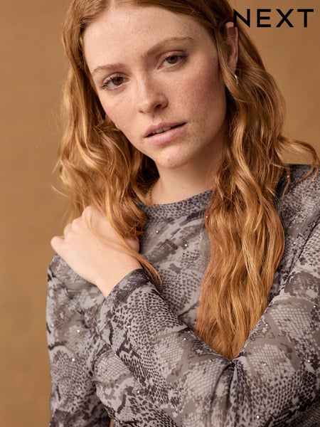 Snake Print Long Sleeve Floral Mesh Top (B73620) | € 11