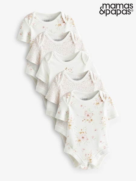 Mamas & Papas Cream 100% Cotton Flower Short Sleeve Bodysuits 5 Pack (B74648) | € 28