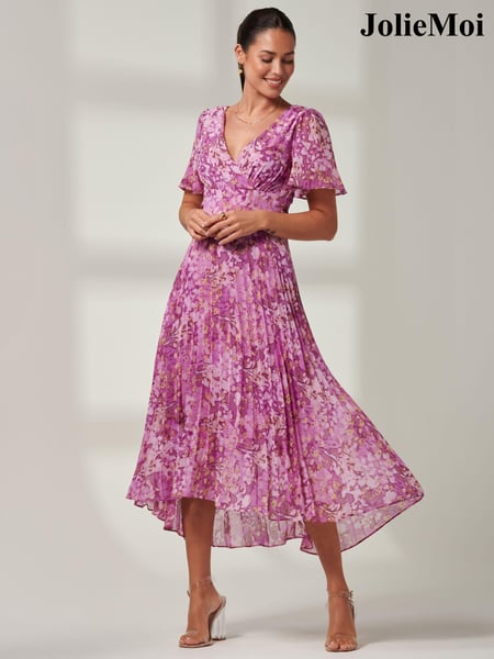 Jolie Moi Purple Floral Pleated Dip Hem Chiffon Maxi Dress (B75084) | € 123