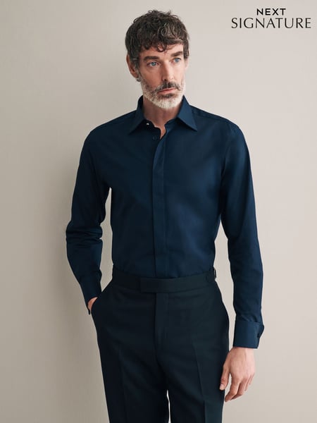 Navy Blue Occasion Signature Slim Double Cuff 100% Pima Cotton Dress Shirt With Cutaway Collar (B75261) | € 87