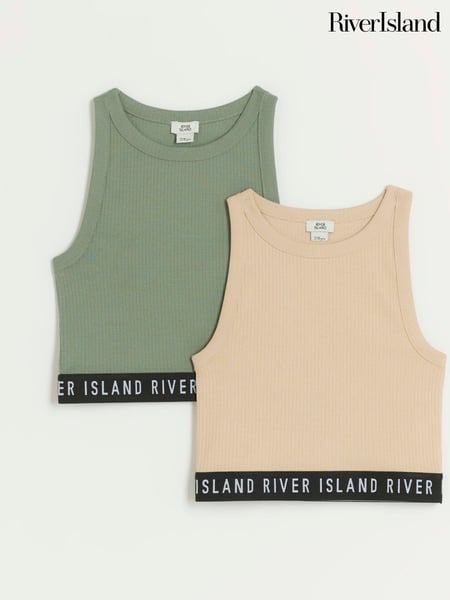 River Island Green Girls Waistband Rib 100% Cotton Tanks 2 Pack (B75766) | € 22