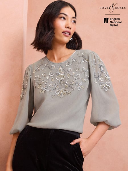 Love & Roses Grey Embellished 3/4 Sleeve Blouse (B75792) | € 37