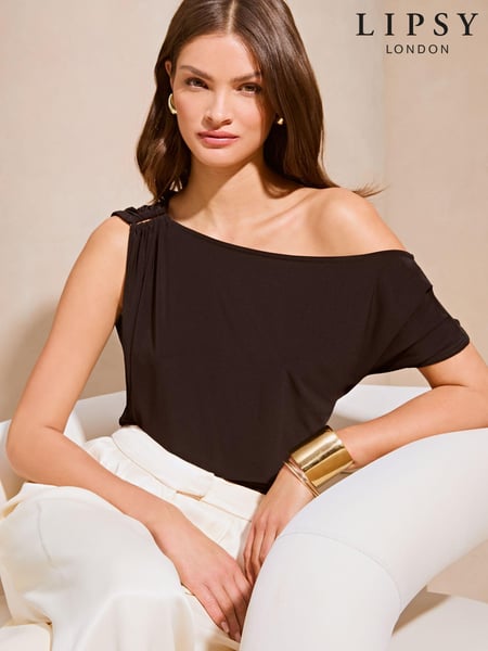 Lipsy Black Asymmetric Short Sleeve Slinky Top (B75994) | € 7