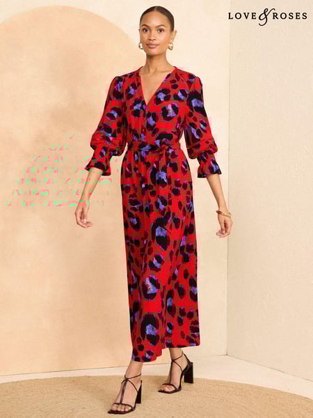 Love & Roses Red Animal Printed 3/4 Sleeve Belted Midi Dress (B76117) | € 45