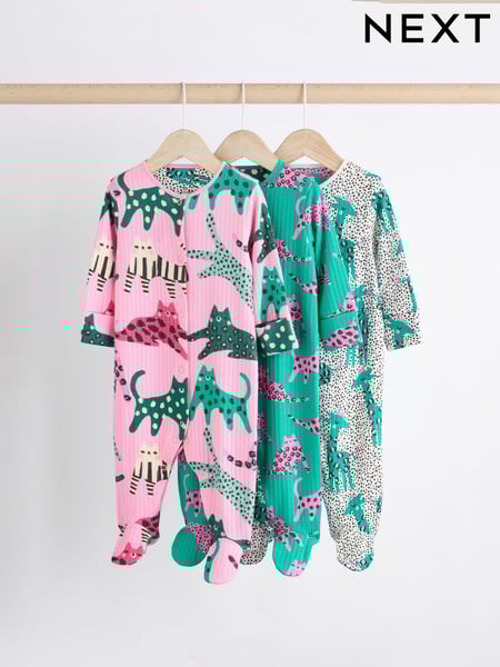 Pink/Green Popper Baby 100% Cotton Sleepsuits 3 Pack (0mths-2yrs) (B76747) | € 18 - € 21