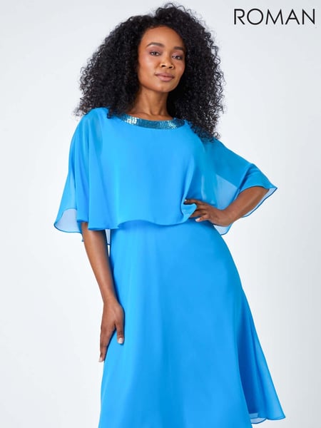 Roman Blue Petite Sequin Trim Chiffon Cape Dress (B77373) | € 90