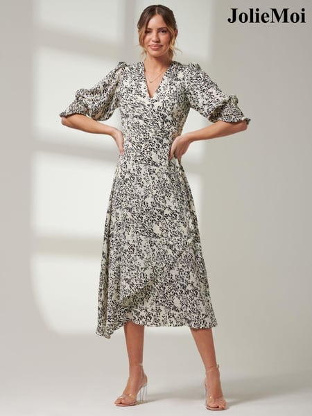 Jolie Moi White Puff Sleeve Wrap Midi Dress (B77516) | € 54
