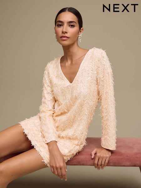 Pastel Pink Long Sleeve V-Neck Fringe Sequin Mini Dress (B77998) | € 36