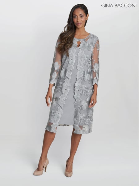 Gina Bacconi Grey Savoy Embroidered Lace Mock Jacket With Jersey Dress (B78024) | € 273