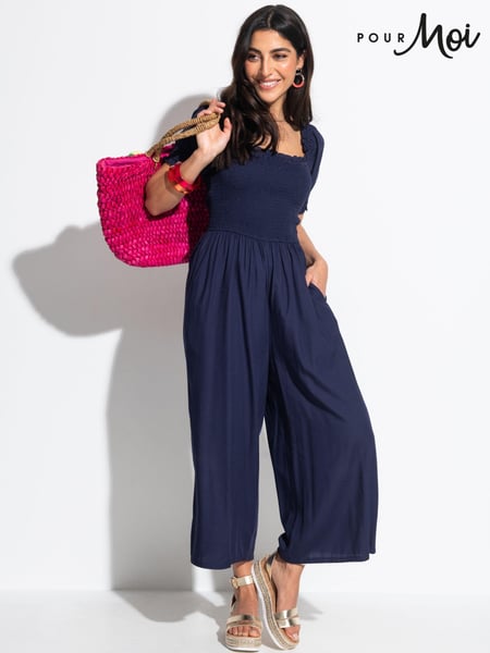 Pour Moi Navy Blue Sally Fuller Bust Shirred Bodice Puff Sleeve Jumpsuit (B78149) | € 81