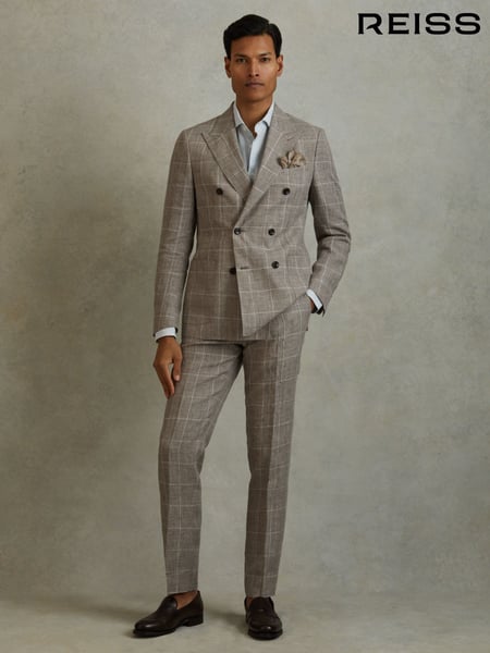 Reiss Light Taupe Burgess 100% Linen Side Adjuster Check Slim Fit Trousers (B78233) | € 309