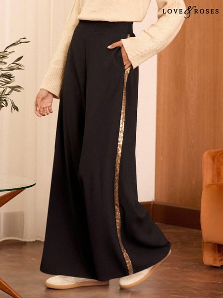 Love & Roses Black Petite Sequin Side Stripe Wide Leg Trousers (B79870) | € 33