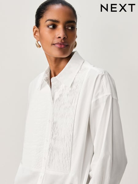 White Pleated Bib Front 100% Cotton Long Sleeve Shirt (B82872) | € 14