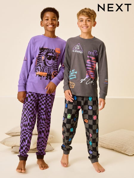 Black/Purple Smile Checkerboard 2 Pack Long Sleeve Pyjamas (3-16yrs) (B82968) | € 34 - € 44