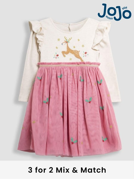 JoJo Maman Bébé Pink Reindeer Christmas Appliqué Tulle Party Dress (B83107) | € 57 - € 64