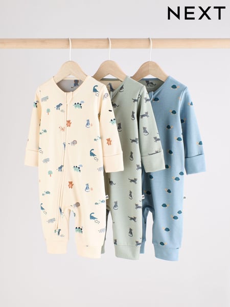Teal Blue Baby Printed Zip Sleepsuits 3 Pack (0mths-3yrs) (B83299) | € 27 - € 30