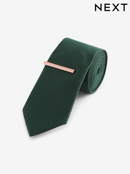Dark Green Slim Textured Tie And Clip Set (B84156) | € 14