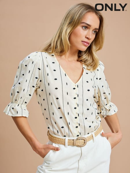 ONLY Cream 100% Cotton Embroidered Short Sleeve Button-Up Blouse (B84457) | € 18