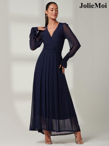 Jolie Moi Navy Blue Greta Long Sleeve Mesh Maxi Dress (B84488) | € 139