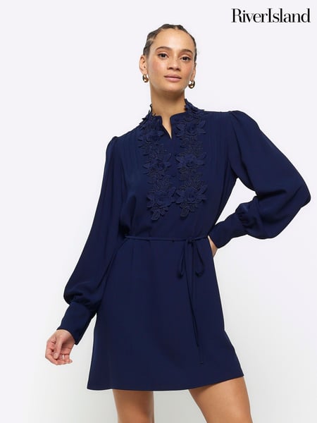 River Island Navy Floral Tie Waist Shift Mini Dress (B84671) | € 17