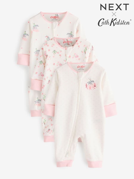 Pink/White Cath Kidston Floral Baby 100% Cotton Sleepsuits 3 Pack (B86038) | € 35