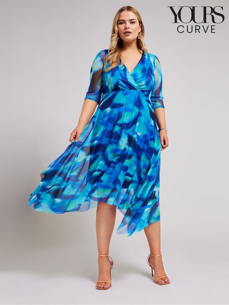 Yours Curve Blue Cowl Neck Mesh Midi Dress (B86853) | € 86