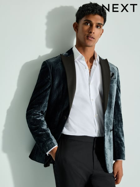 Steel Blue Slim Fit Patterned Velvet Blazer (B87244) | € 66
