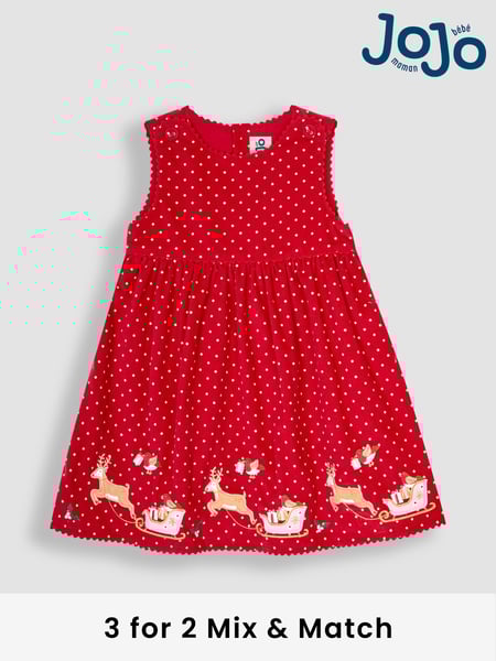 JoJo Maman Bébé Red Reindeer & Robin Christmas Appliqué Cord Dress (B87886) | € 46
