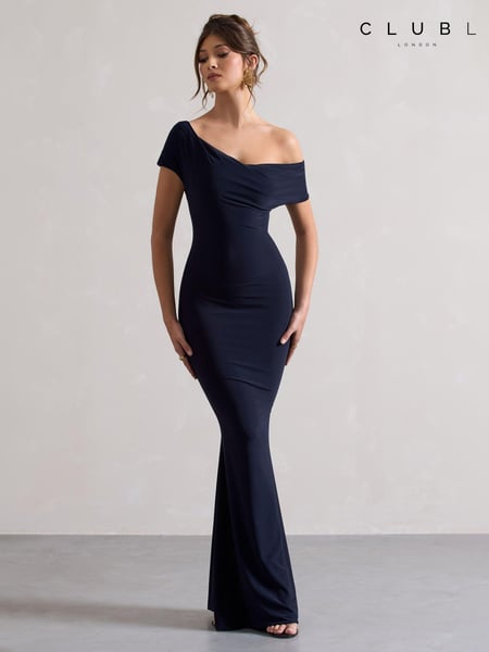 Club L London Navy Blue Avila Asymmetric Bardot Maxi Dress (B88826) | € 47