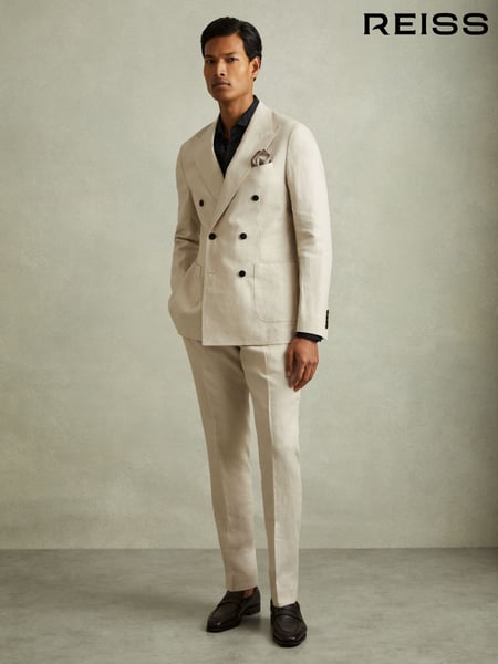 Reiss Oatmeal Halgas Linen Double Breasted Modern Fit Blazer (B90115) | € 512