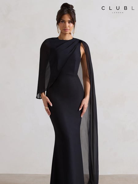 Club L London Black Haze High-Neck Maxi Dress With Chiffon Cape (B92510) | € 93