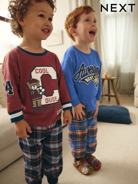 Navy Blue/Burgundy Red Varsity Woven Bottom Check 100% Cotton Pyjamas 2 Pack (9mths-8yrs) (B92669) | € 21 - € 28