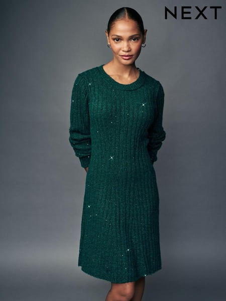 Blue Teal Sequin Sparkle Ribbed Fit And Flare Mini Knitted Jumper Dress With Wool (B92847) | € 13