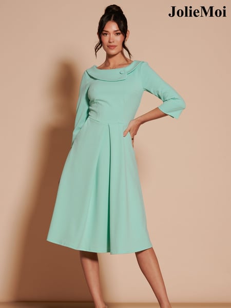 Jolie Moi Green 3/4 Sleeve Fold Neck Midi Dress (B92856) | € 54