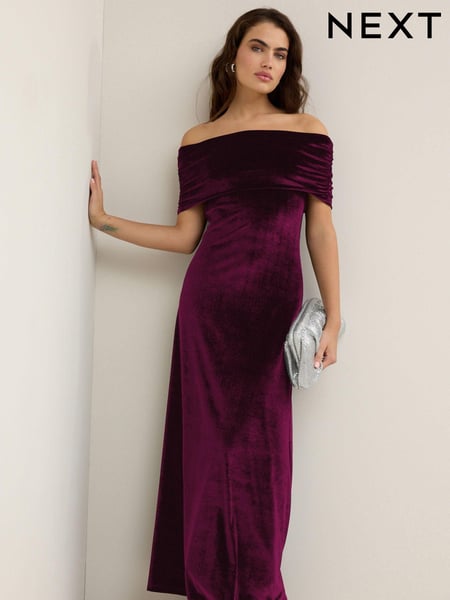 Burgandy Red Bardot Velvet Maxi Dress (B92928) | € 105