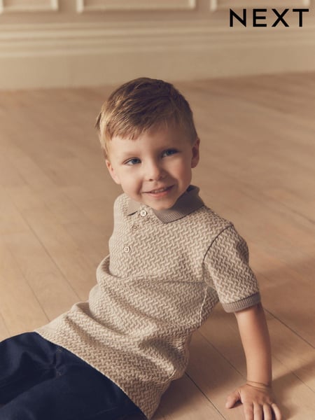 Tan Brown/Ecru Natural Short Sleeve Textured Polo Shirt (3mths-7yrs) (B93682) | € 17 - € 20
