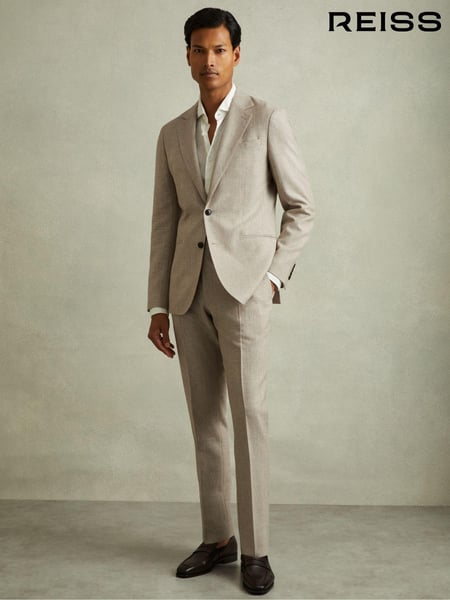 Reiss Oatmeal Elliot Checked Side Adjuster Trousers in Wool-Linen (B94029) | € 246