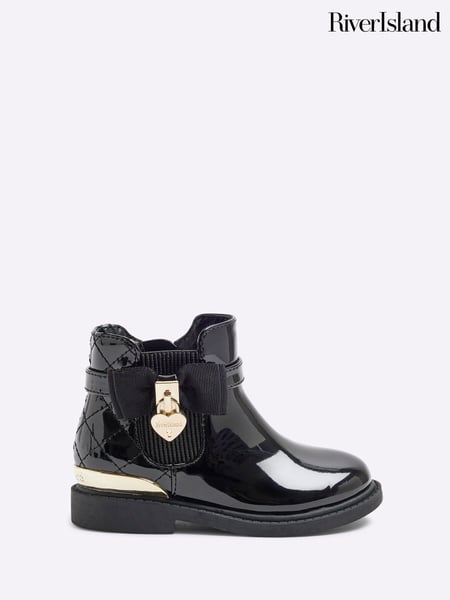 River Island Black Girls Patent Bow Padlock Boots (B94197) | € 39