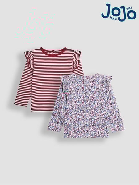JoJo Maman Bébé Purple 2-Pack Ditsy Floral & Stripe Frill Tops (B95649) | € 35