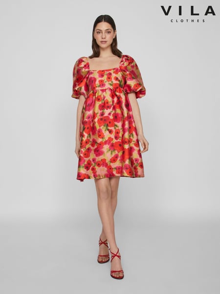 VILA Red Floral Baroque Puff Sleeve Mini Occasion Dress (B96034) | € 34