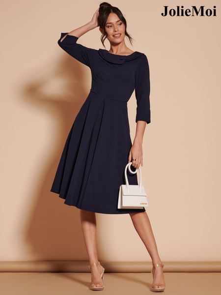 Jolie Moi Navy Blue 3/4 Sleeve Fold Neck Midi Dress (B96185) | € 122