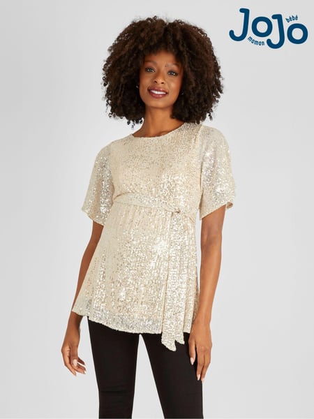 JoJo Maman Bébé Champagne Gold Sequin Maternity Flutter Sleeve Top (B96912) | € 67