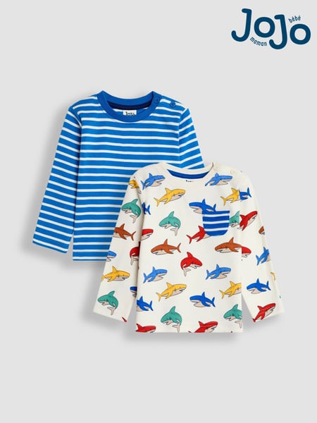 JoJo Maman Bébé Ecru Shark Print & Stripe Long Sleeve 2-Pack Tops (B97315) | € 35