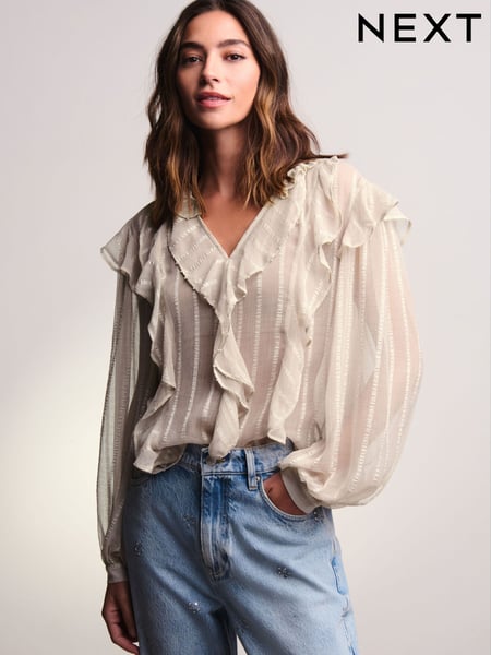 Neutral Sheer Long Sleeve Embellished Ruffle Blouse (B97411) | € 18